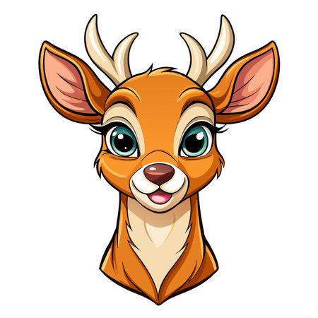 Cute cartoon deer face. Big eyes and small antlers. Brown and tan colors. Vector illustrationのイラスト素材