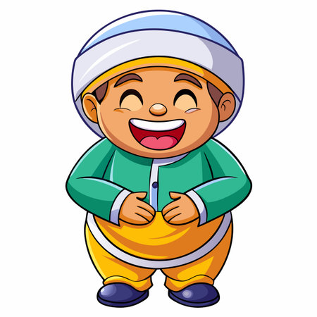 Cartoon of a cheerful young boy wearing traditional clothing, smiling broadlyのイラスト素材