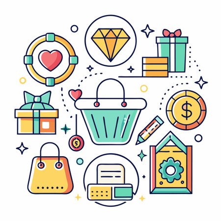 Cute shopping elements. Basket, presents, diamond, coins, tag, receipt, love. Vector flat designのイラスト素材