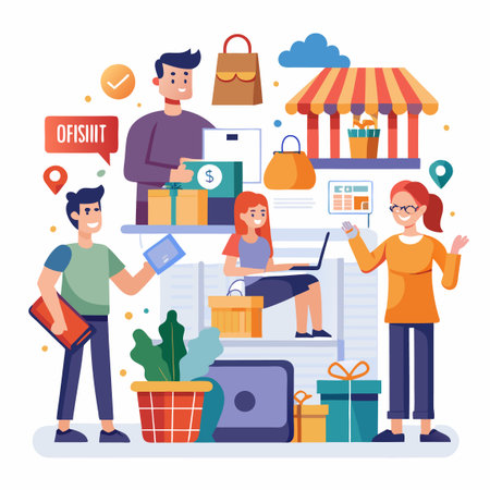 People enjoy online shopping with gifts, bags, and a storefront iconのイラスト素材