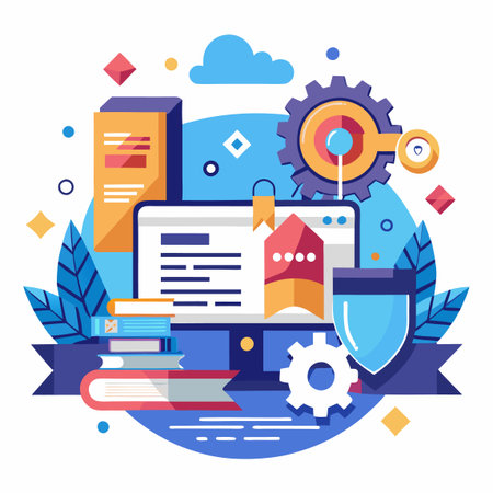 Website design with gears, document, security shield, monitor, books, leaves, ribbons and cloudsのイラスト素材