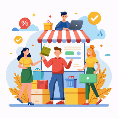 People shop. Storefront, boxes, laptop, checks, and discounts amidst colorful backgroundのイラスト素材