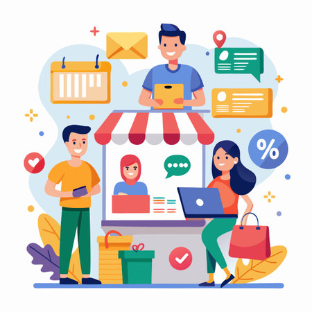 Online shopping People interact with a digital storefront for ecommerce transactionsのイラスト素材