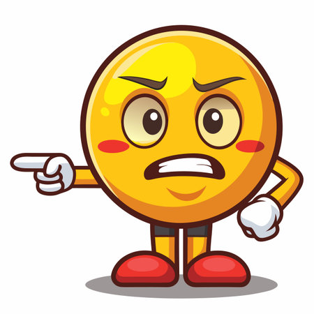 Annoyed emoji character points left with a serious expression, blushesのイラスト素材