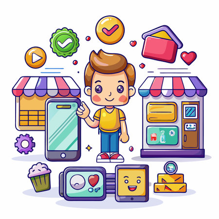 Cartoon figure presents mobile. Shops, icons, devices, and baked goods surround him on a white backgroundのイラスト素材