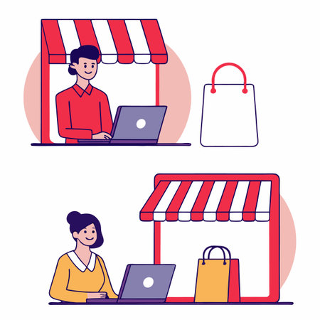 Online store People shopping via laptop. Striped awnings and shopping bags accompany the figuresのイラスト素材