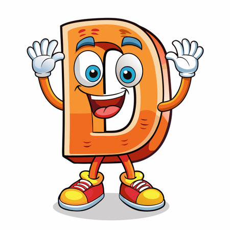 Letter D character with arms, legs, smiling. Cartoonish, vibrant, energeticのイラスト素材