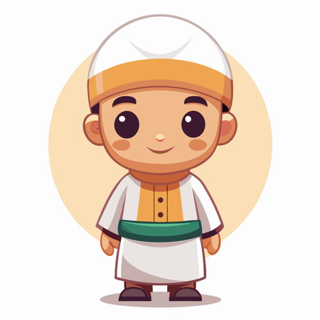 Cartoon of a child in traditional attire against a soft orange backgroundのイラスト素材
