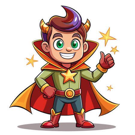 Smiling cartoon boy in costume with cape, horns, and star, giving a thumbs upのイラスト素材