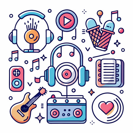 Cartoon vector icons, music-themed elements, vibrant colors, outline style, headphones, notes, and sweets designのイラスト素材