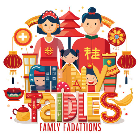 Cartoon family portrait with festive, vibrant graphic elements and layered textのイラスト素材