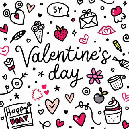 Valentine&#39;s day doodle art with cute hearts, desserts, and lettering on white backgroundのイラスト素材
