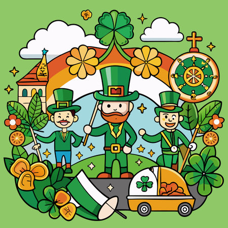 St. Patrick's Day celebration with leprechauns, shamrocks, and festive elements on a bright green backgroundのイラスト素材