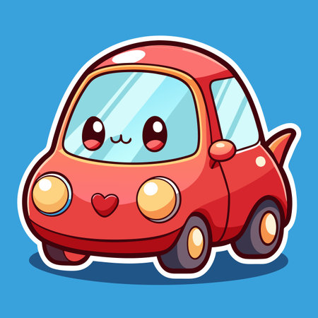 Cute, red cartoon car with big eyes and heart nose on blue backgroundのイラスト素材