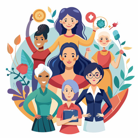 Diverse group of confident women surrounded by foliage and emblems, standing together in unityのイラスト素材
