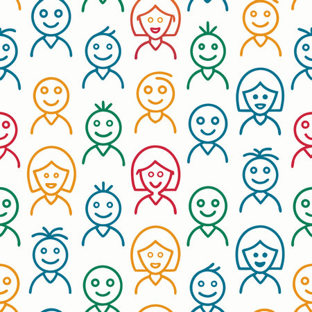 Faces pattern Smiling diverse people with colorful outlines on a white backgroundのイラスト素材