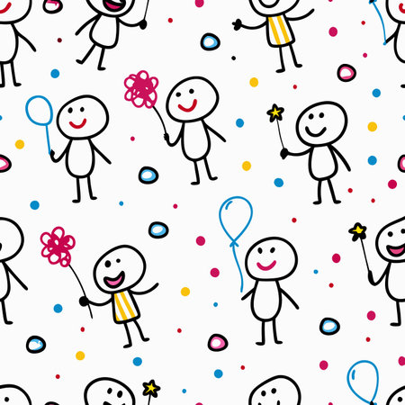 Smiling stick figures pattern with balloons and star wands on a white backgroundのイラスト素材