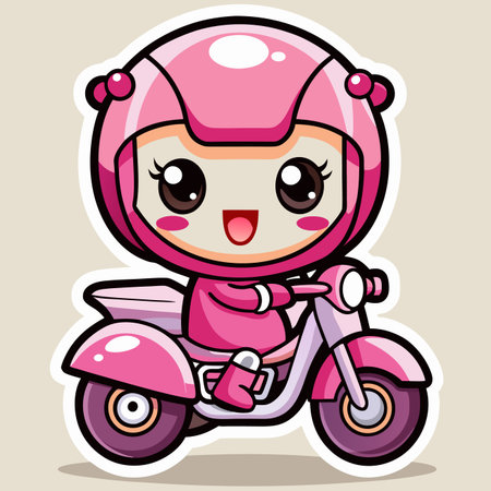 Cute, stylized figure wearing a pink helmet, riding a small moped with big eyes and a cheerful smileのイラスト素材