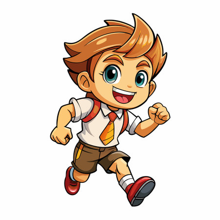 Cartoon boy joyfully runs, clad in uniform, vibrant and energeticのイラスト素材