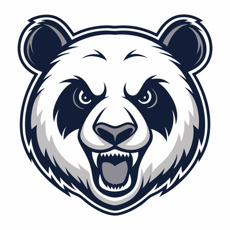 Panda head illustration, menacing expression, white and black coloring with detailed featuresのイラスト素材