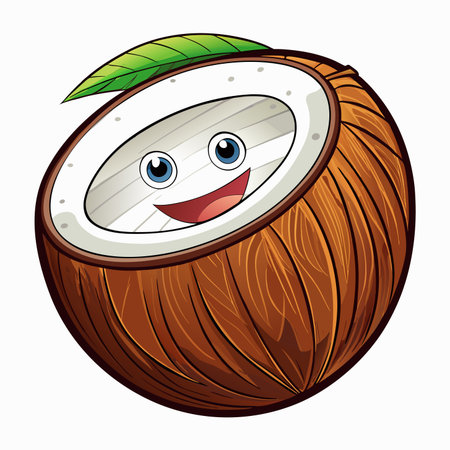 Happy cartoon coconut with green leaf, smilingのイラスト素材