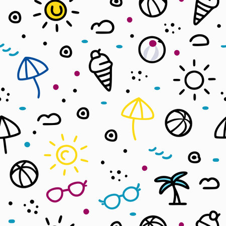 Summer themed seamless pattern with sun, ice cream, beach ball, cloud, and palm treeのイラスト素材