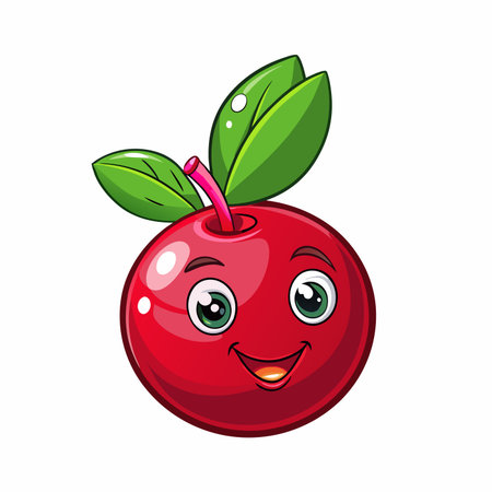 Cute cherry cartoon character with big eyes, smile, and green leaves on a white backdropのイラスト素材