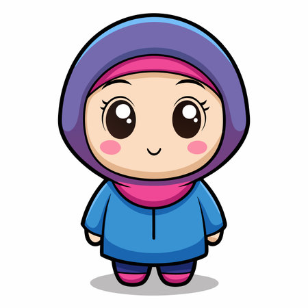 Hijabi character with blue outfit, pink headscarf, purple hood. Big anime eyes, cute cheeks and smilingのイラスト素材