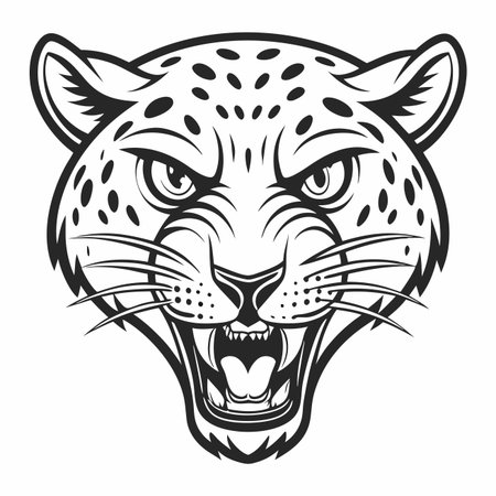 Fierce jaguar head illustration, showcasing detailed fur, spots, and an open mouth with sharp teethのイラスト素材