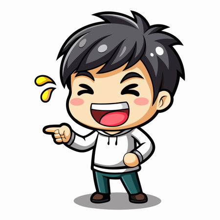 Cartoon boy with black hair in white hoodie points &amp; laughs, tears coming out of eyeのイラスト素材