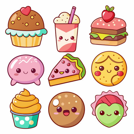 Assorted kawaii food icons cupcake, drink, burger, jellyfish, pizza, cookie, dumpling. Cute food charactersのイラスト素材