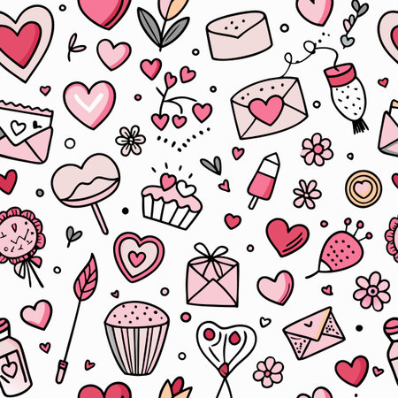 Cute seamless pattern featuring hearts, flowers, gifts, and sweet treatsのイラスト素材