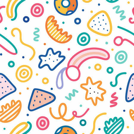 Playful, bright pattern with organic shapes and lines, set against a crisp white backgroundのイラスト素材
