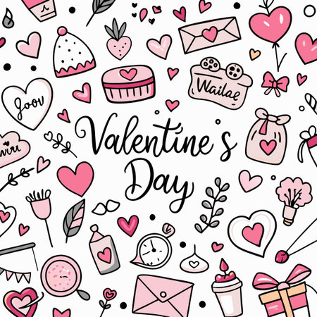 Valentine's Day doodles hearts, treats, gifts in pink and black on whiteのイラスト素材