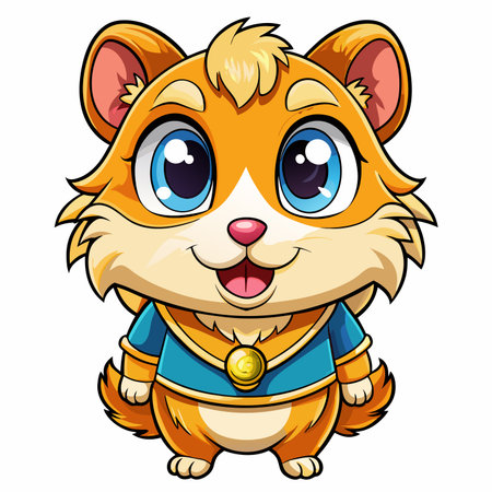 Cute cartoon hamster with blue eyes and a blue shirt smiles at viewerのイラスト素材