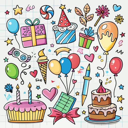 Colorful doodle style birthday theme. Balloons, presents, cake, and party decorations on lined paperのイラスト素材