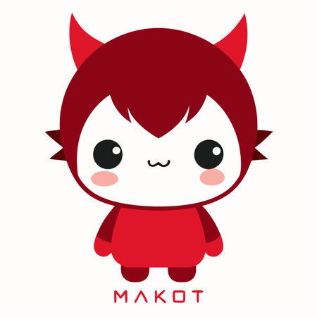 Red, horned, cute, cartoon character with big eyes and rosy cheeksのイラスト素材