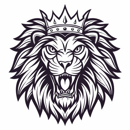 Lion's head with crown illustration. Intricate details and sharp lines. Strong, regal and fierce. Black and white artのイラスト素材