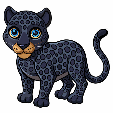 Cute, cartoon black panther cub stands with wide, blue eyesのイラスト素材