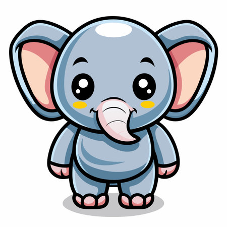 Cute cartoon elephant with large ears, small trunk, and big, black, shiny eyes standsのイラスト素材