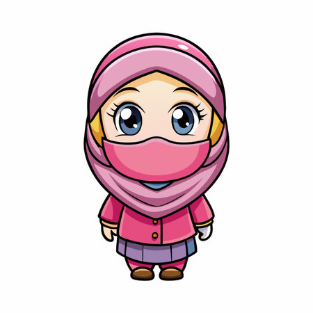 Girl in hijab. Big blue eyes. Pink and lilac outfit. Cute and cartoonish illustrationのイラスト素材