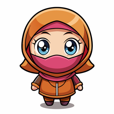 Cute, cartoon-style figure wearing a hijab, with big eyes and simple design on a white backgroundのイラスト素材
