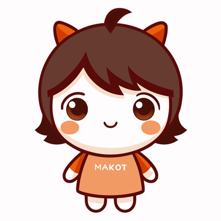 Cute character art with brown hair and orange dress on white backdropのイラスト素材