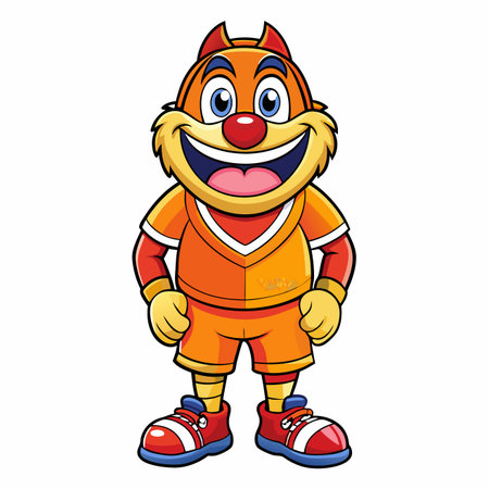Cartoon creature with orange fur, red nose, wearing athletic clothing, smiling happilyのイラスト素材
