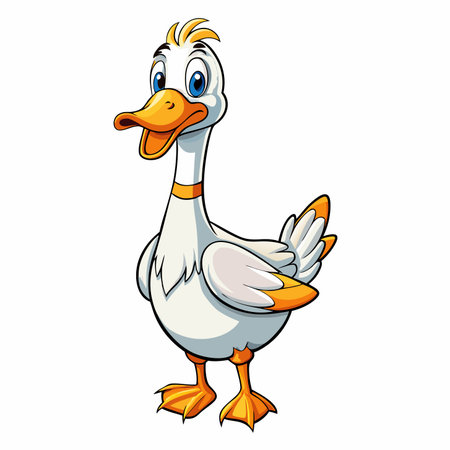 Cartoon goose with white and yellow plumage, orange beak and feet, against a white backgroundのイラスト素材