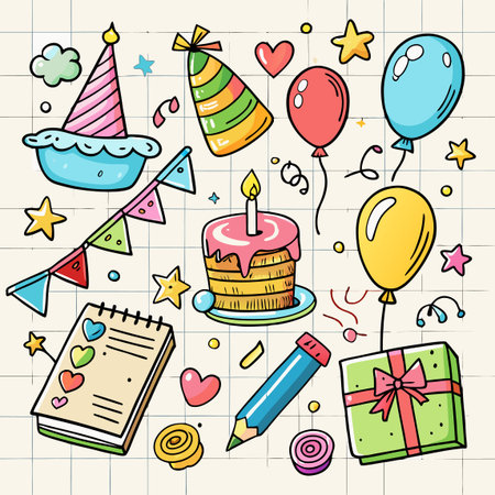 Birthday doodles include hats, balloons, a cake, present, and stationery on a grid backgroundのイラスト素材