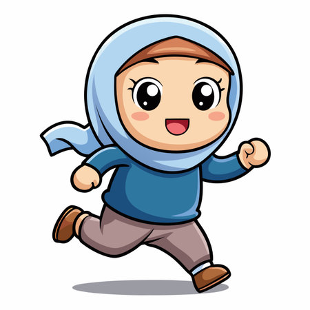 Cartoon girl running in hijab with a happy face and big, sparkling eyesのイラスト素材