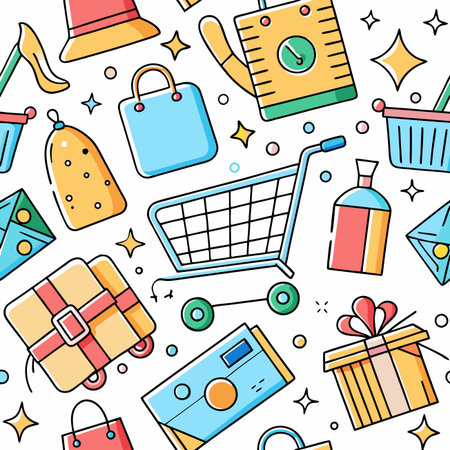 Shopping pattern with gifts, bags, cart, shoes, and more on a white backgroundのイラスト素材