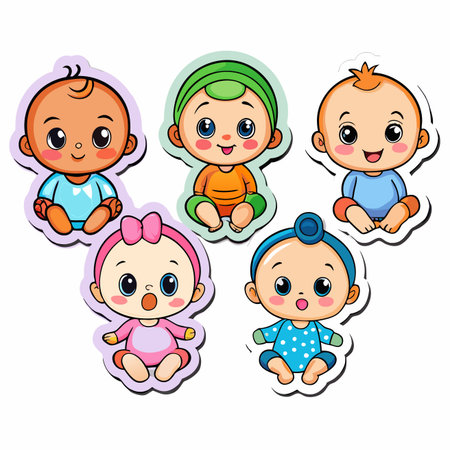 Cute cartoon baby sticker set with big eyes, colorful clothes, various skintonesのイラスト素材