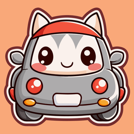 Cute, cartoon car with cat ears and a red headband on a peach backgroundのイラスト素材